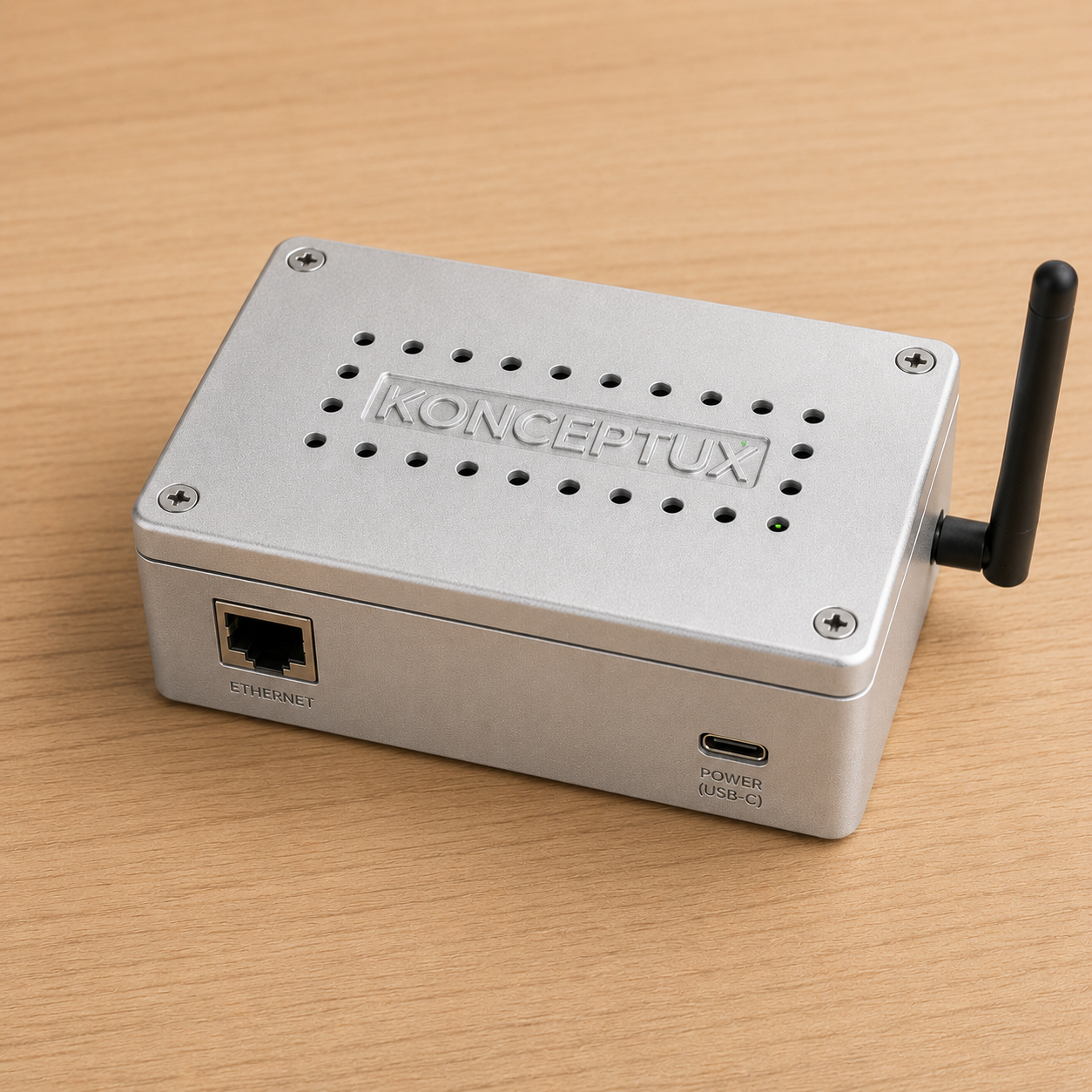 Konceptux HA Box — 3D-printed enclosure with metallic-painted finish and Zigbee antenna